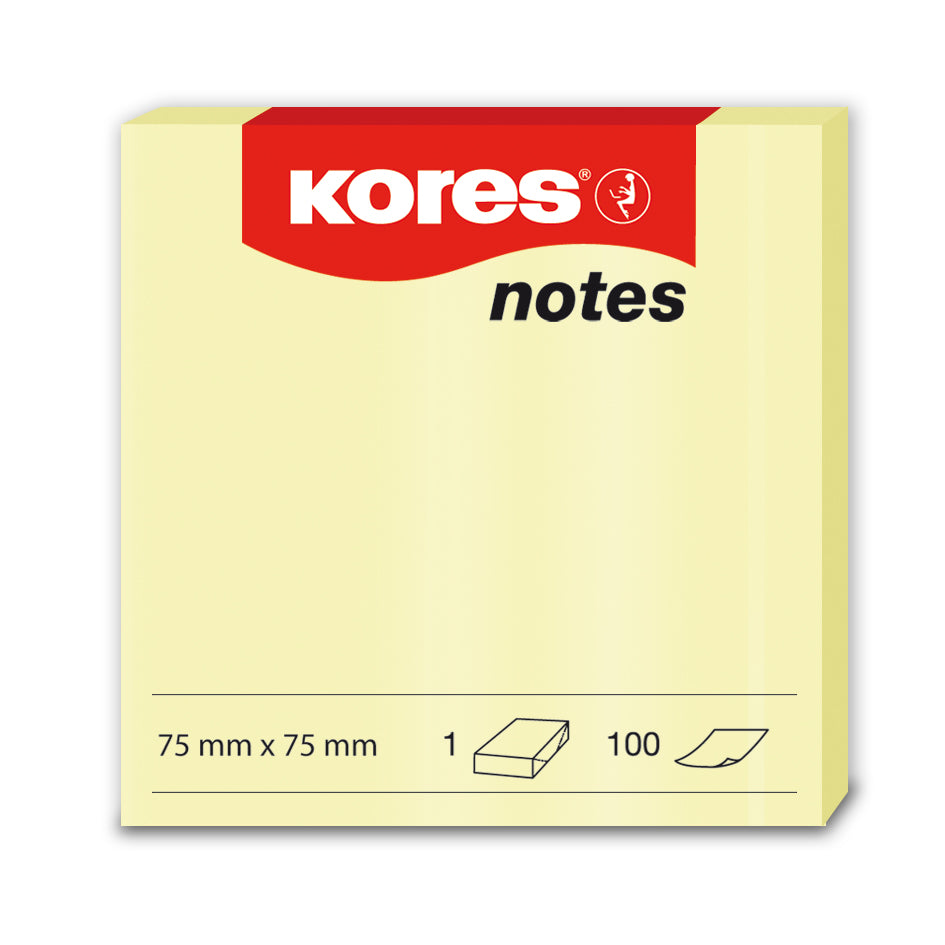 Notes adeziv, hartie, 75 x 75 mm, galben pastel, 100 file/set - Kores