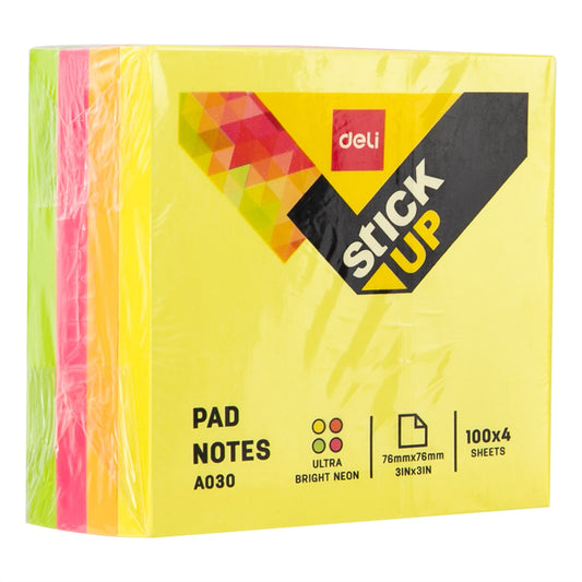 Notes adeziv, hartie, 76 x 76 mm, 4 culori neon, 400 file/set - Deli