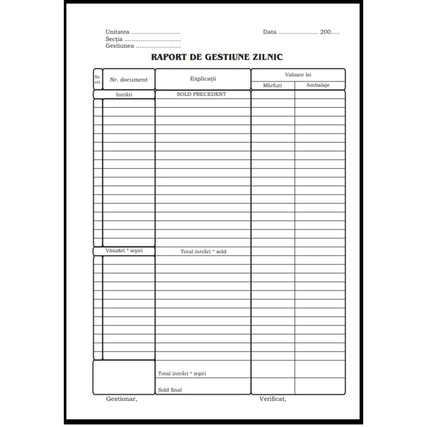 Raport de gestiune zilnic - A4