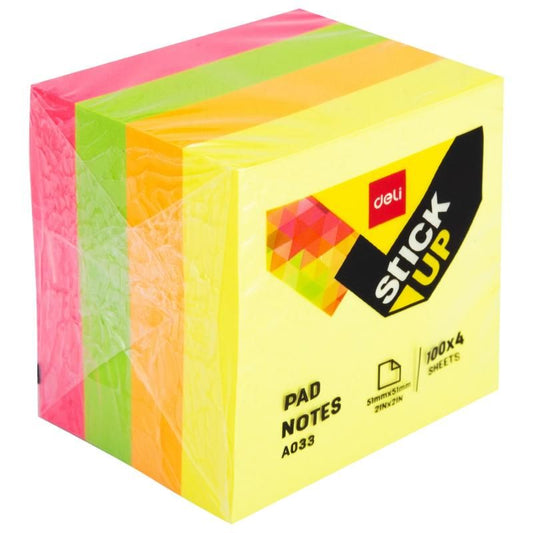 Notes adeziv, hartie, 51 x 51 mm, 4 culori neon, 400 file/set - Deli