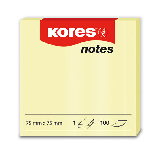 Notes adeziv, hartie, 75 x 75 mm, galben pastel, 100 file/set - Kores