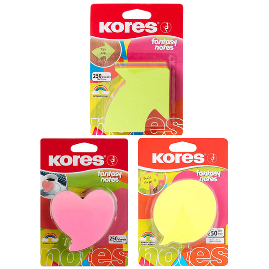 Notes adeziv, hartie, 70 x 70 mm, diverse forme, 5 culori x 50 file/set - Kores